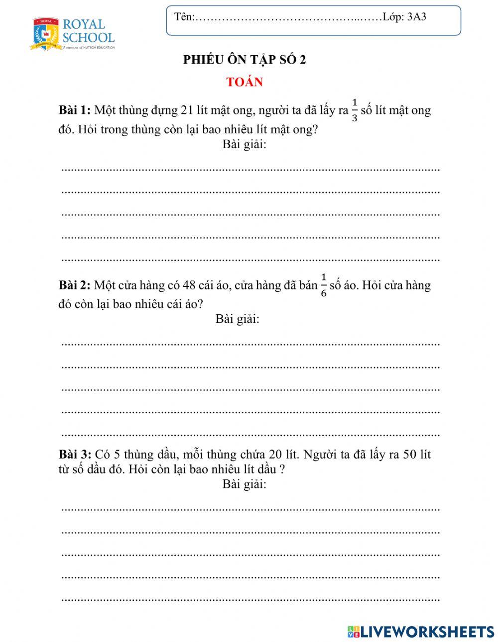 Ôn toán giải bằng hai phép tính