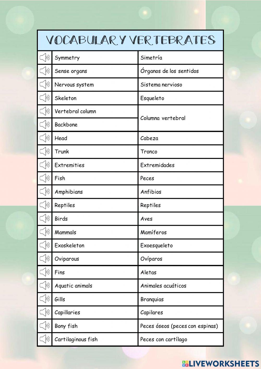 Vocabulario Vertebrates