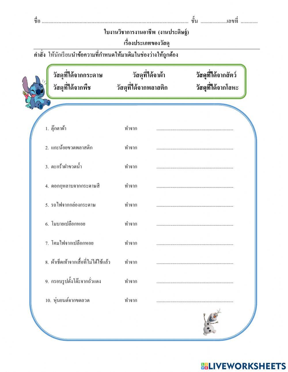 วิชาการงานอางานอาชีพ (ประเภทของวัสดุที่ใช้ในงานประดิษฐ์)