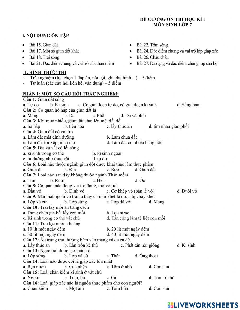 Đề cương ôn tập học kì 1-sinh 7