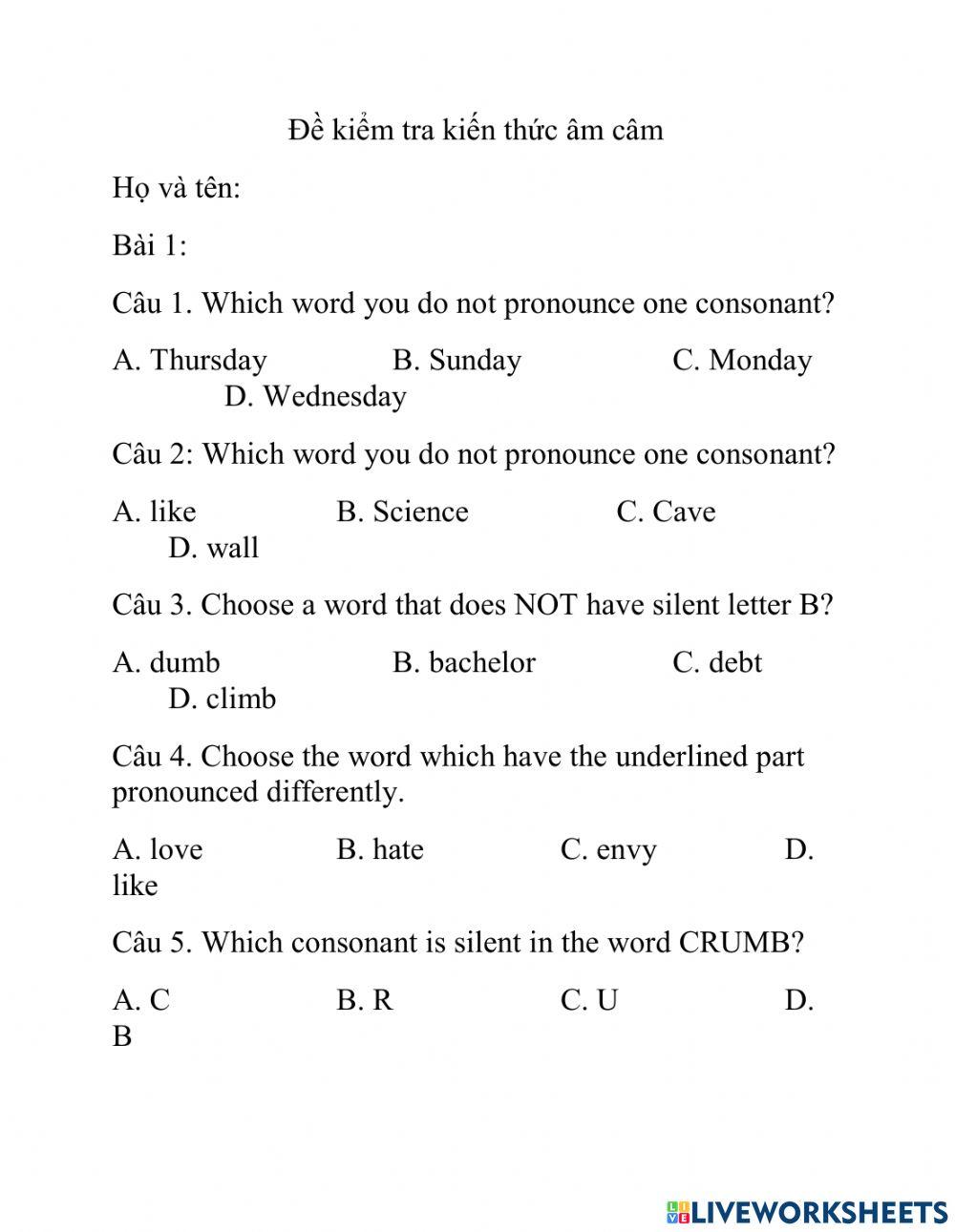 Đề kiểm tra kiến thức âm câm