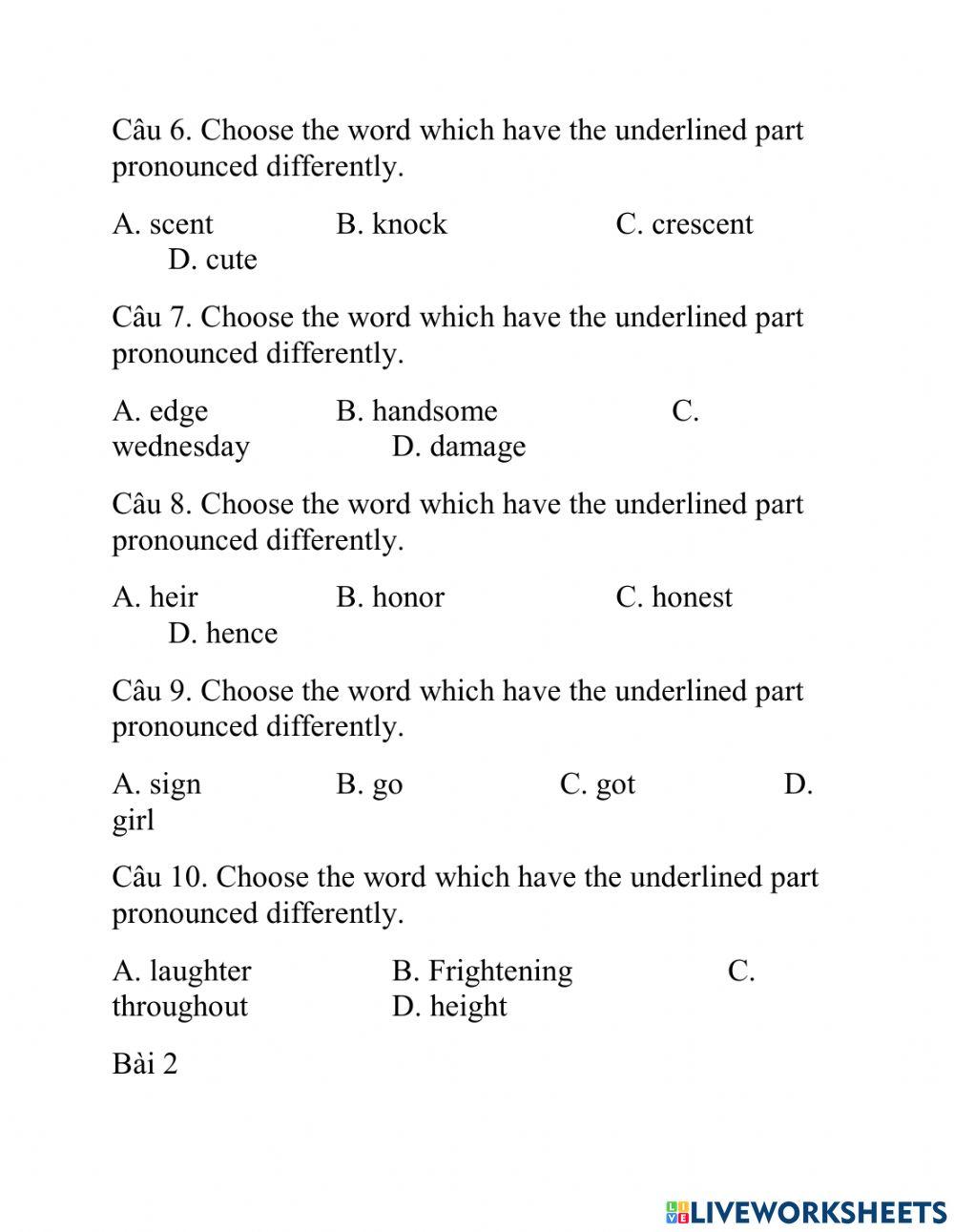 Đề kiểm tra kiến thức âm câm