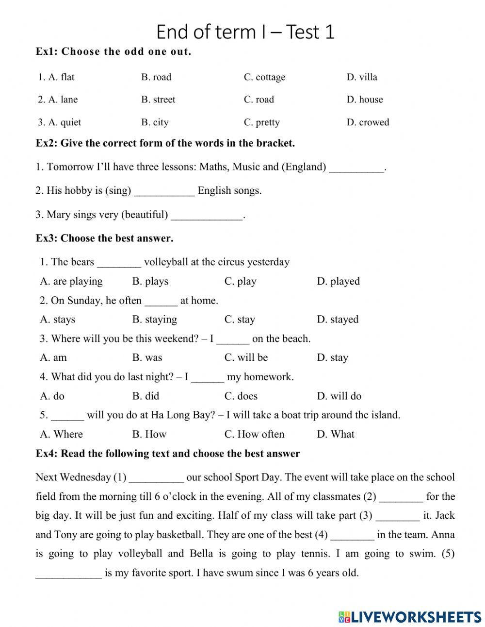 Grade 5 - End of term I - Test 1
