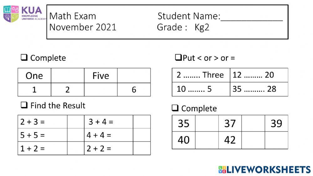 KG2 math exam