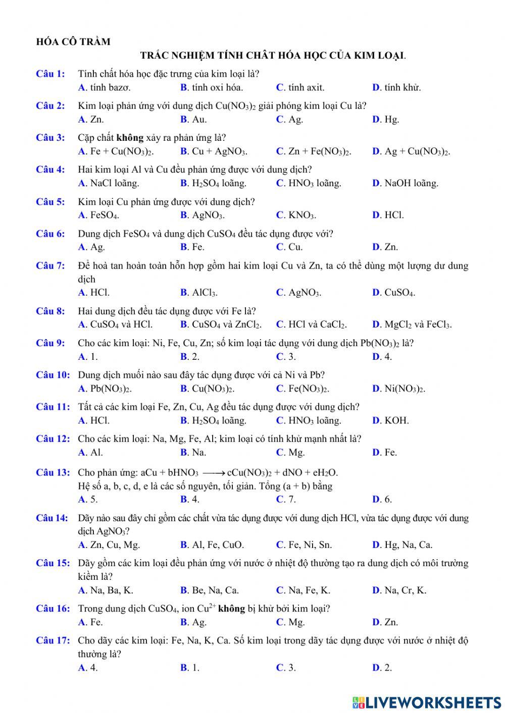 Trac nghiem tính chat hóa học của kim loại