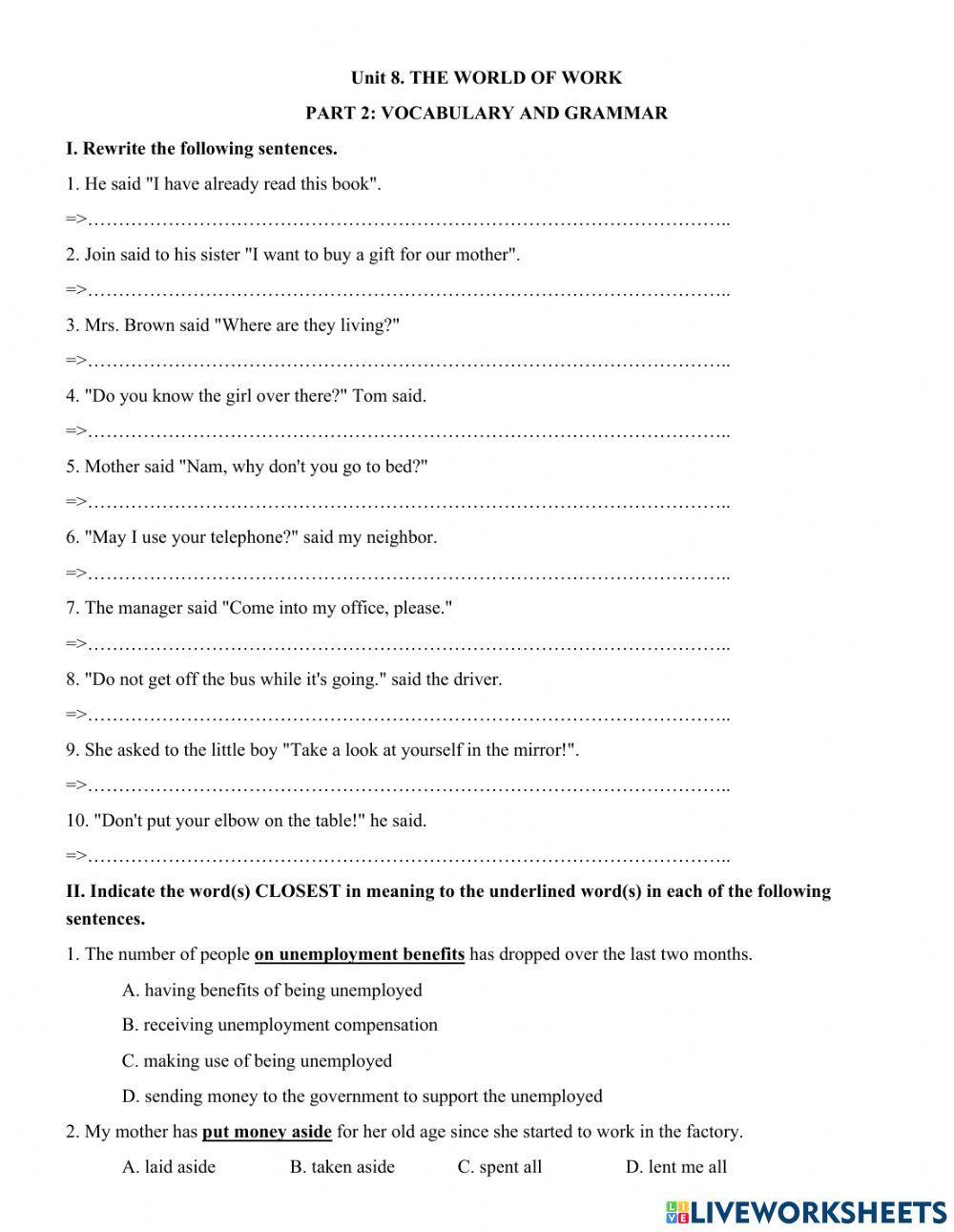 Unit 8. THE WORLD OF WORK - KEY PART 2: VOCABULARY AND GRAMMAR