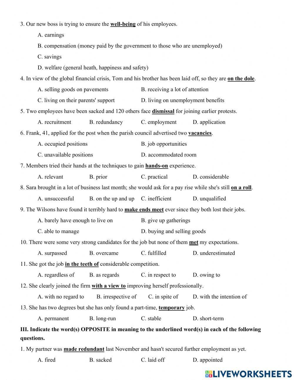 Unit 8. THE WORLD OF WORK - KEY PART 2: VOCABULARY AND GRAMMAR