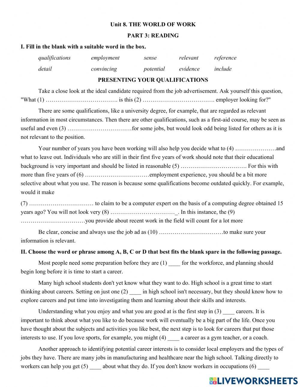 Unit 8. THE WORLD OF WORK - KEY PART 4: READING