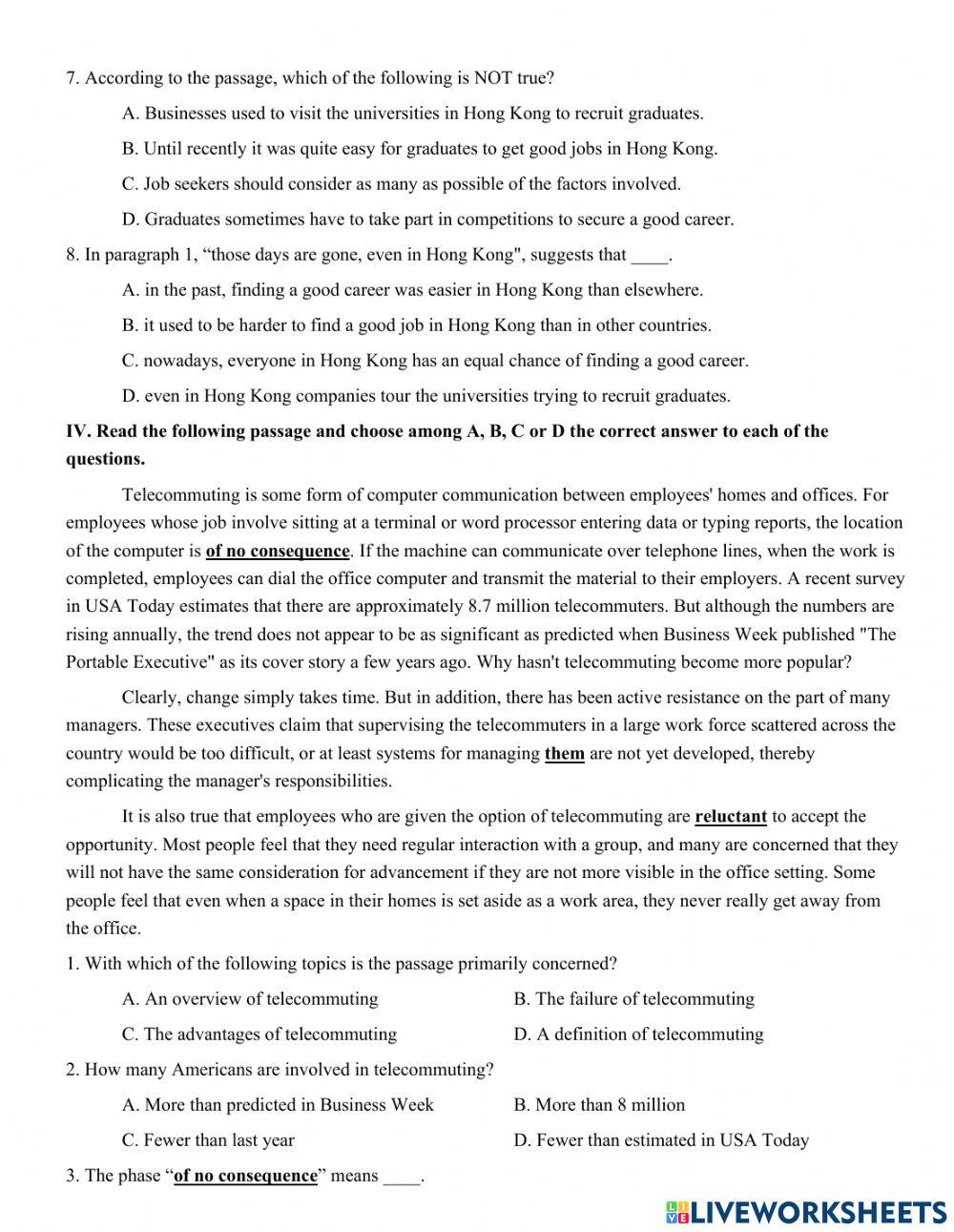 Unit 8. THE WORLD OF WORK - KEY PART 4: READING