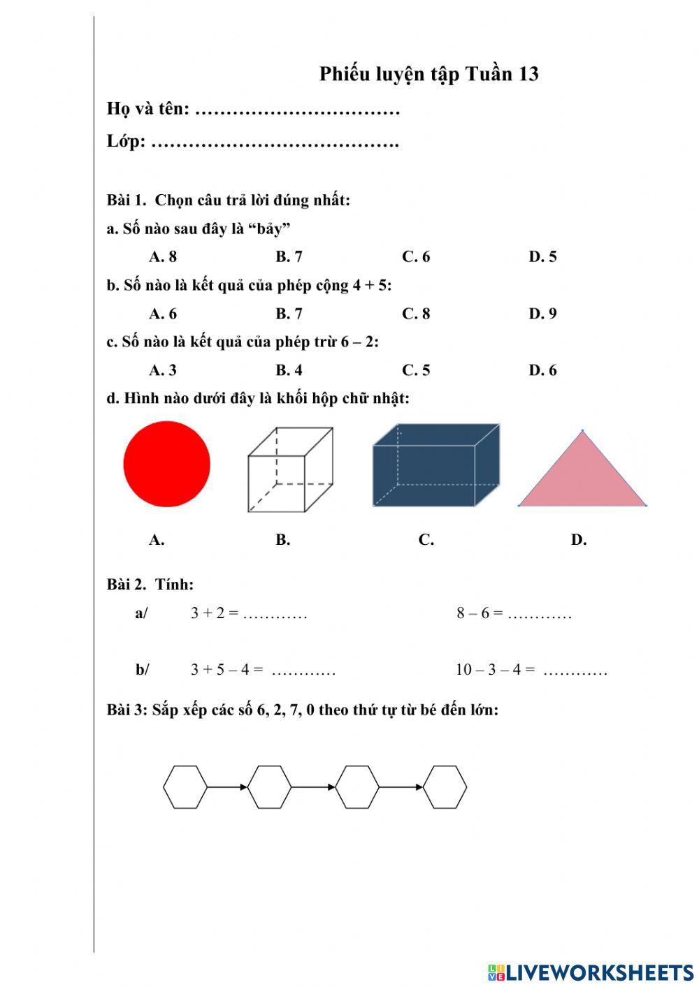 Phiếu luyện tập Toán Tuần 13