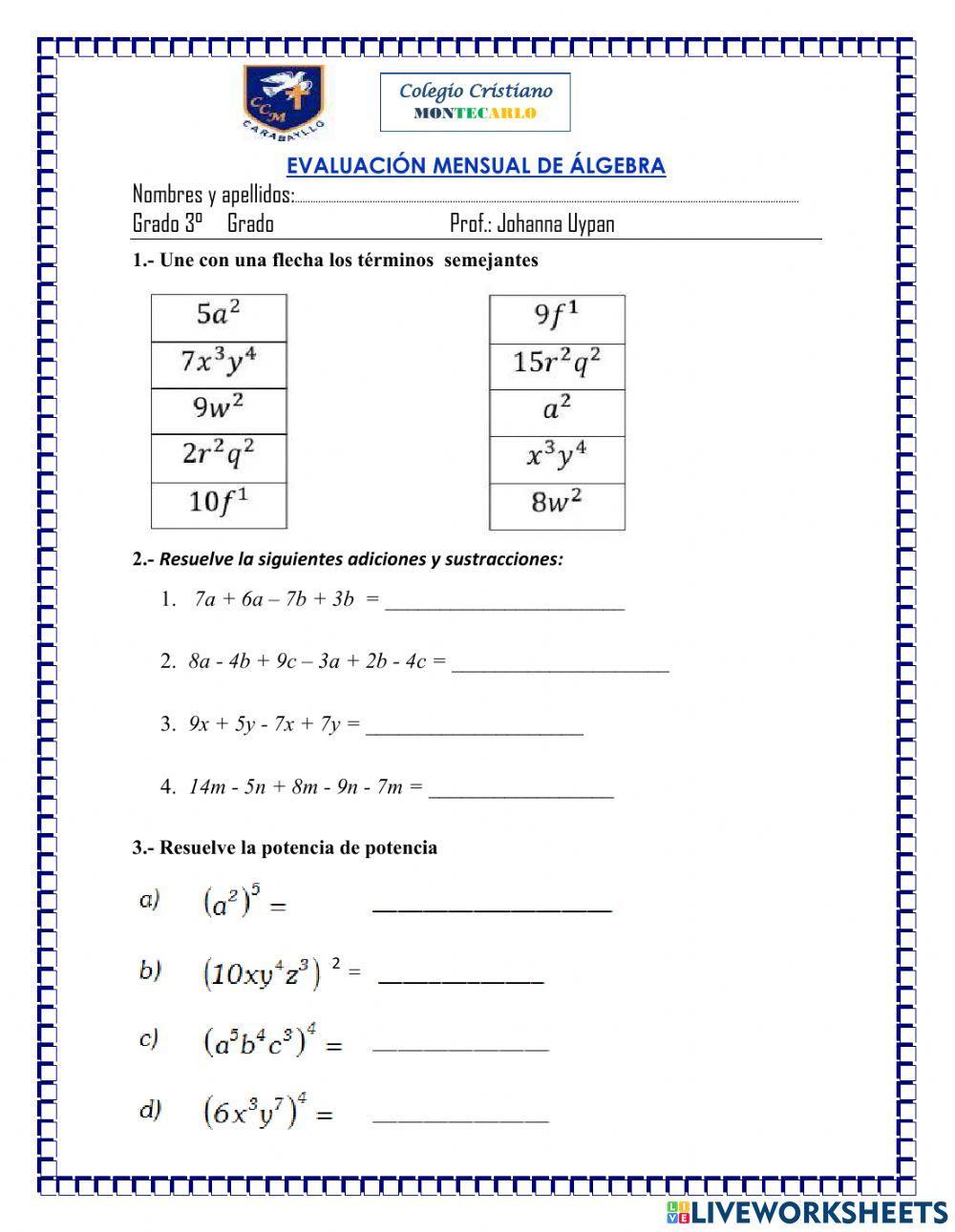 Evaluación final algebra