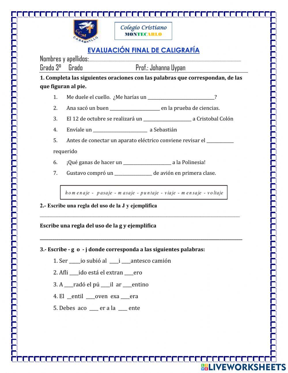 Evaluación final de caligrafia