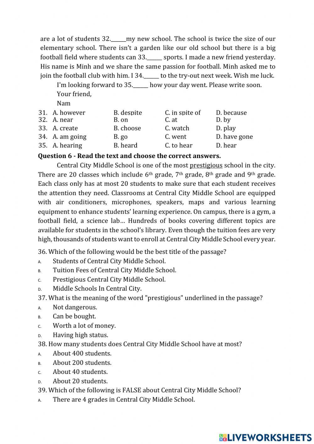 Đề cương Anh 6 - Practice test (sem 1)