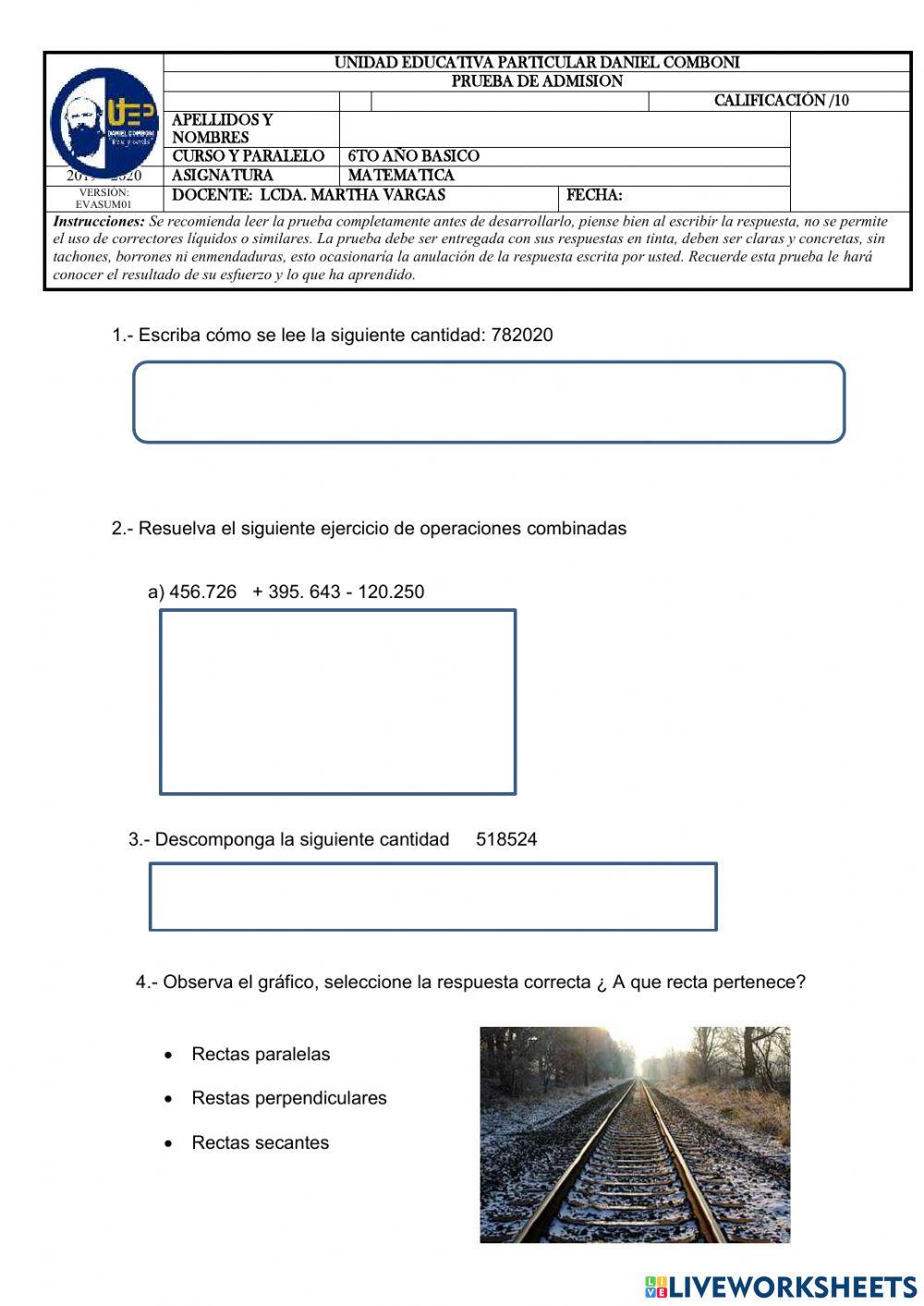 PRUEBA DE ADMISION DE MATEMATICA PARA SEXTO AÑO BASICO 