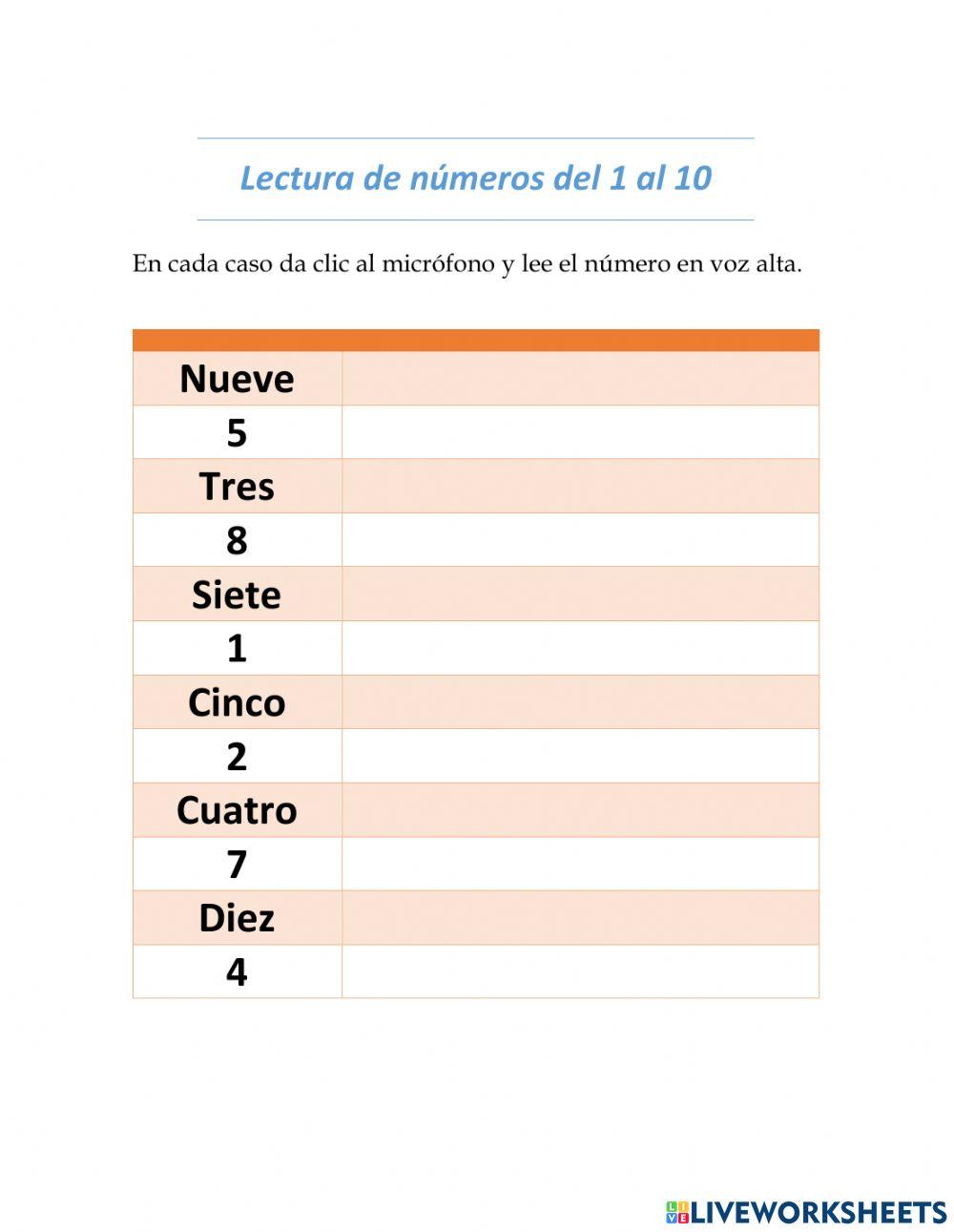 Lectura de números del 1 al 10