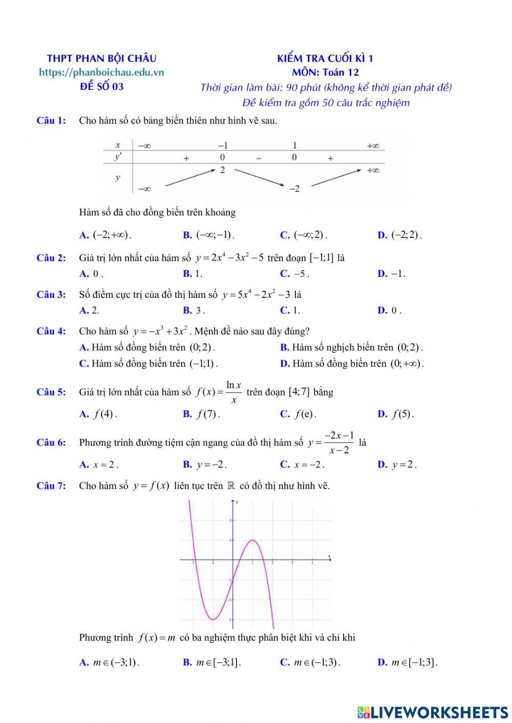 Toán 12 - Kiểm tra CK1 - Đề số 04 (100- TN)