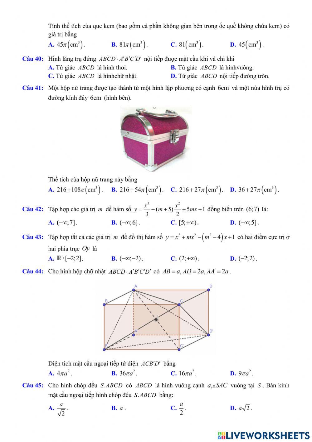 Toán 12 - Kiểm tra CK1 - Đề số 04 (100- TN)