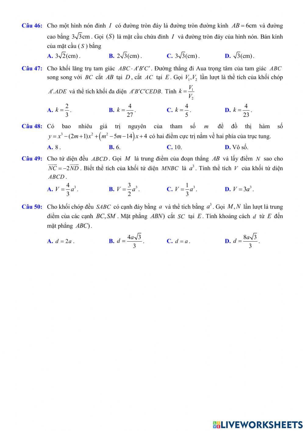 Toán 12 - Kiểm tra CK1 - Đề số 04 (100- TN)