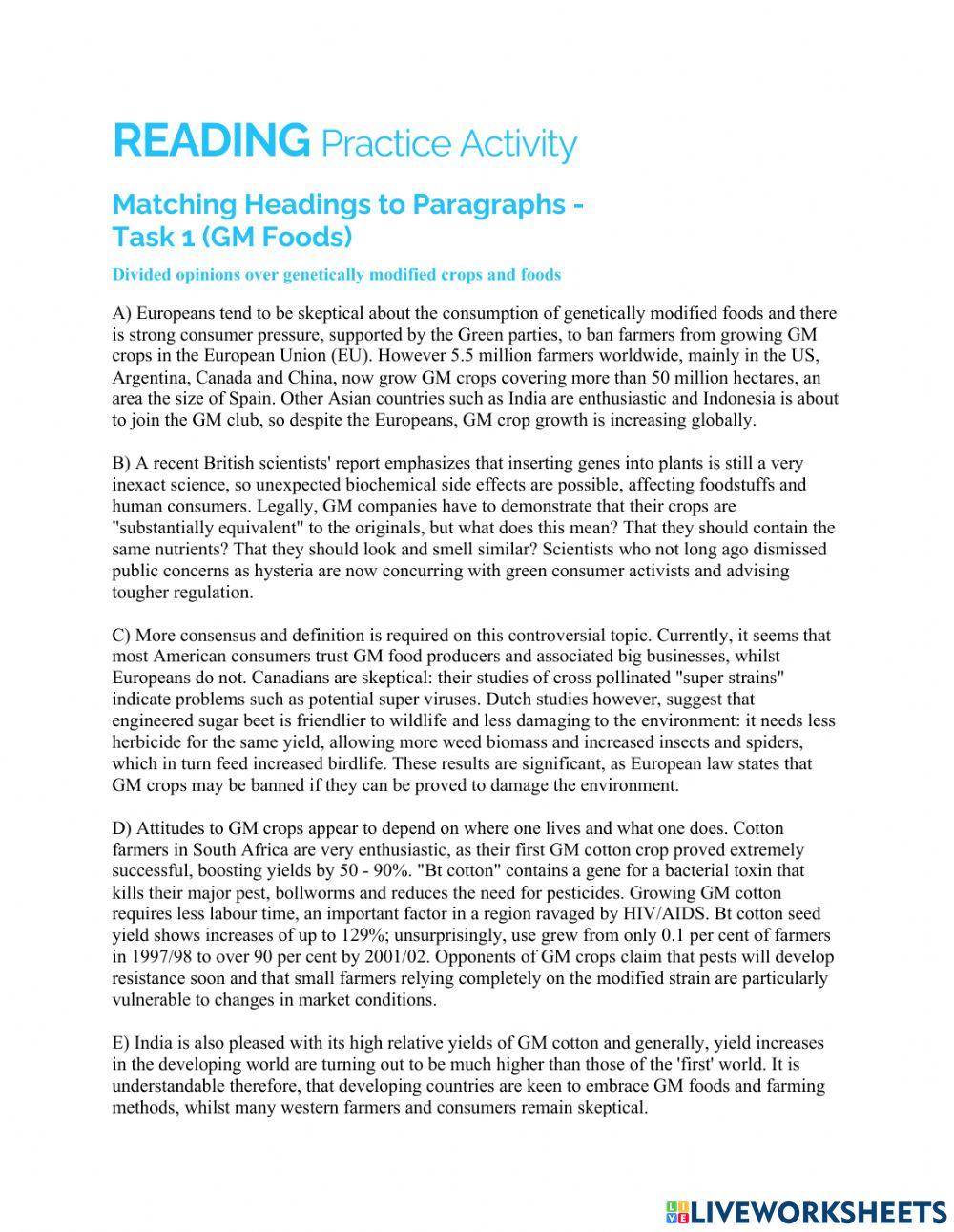 Matching headings to paragraphs task 1 gm foods online exercise for