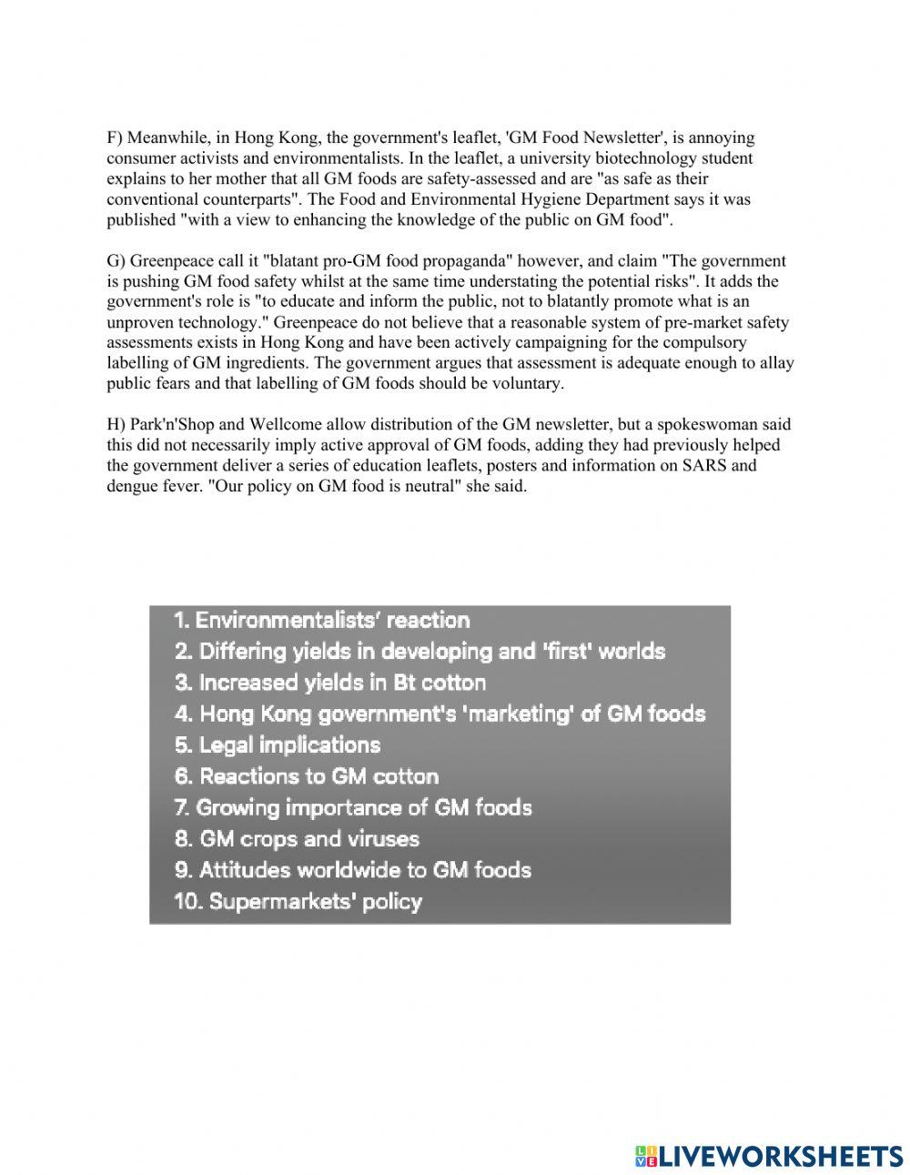 Matching headings to paragraphs task 1 gm foods online exercise for