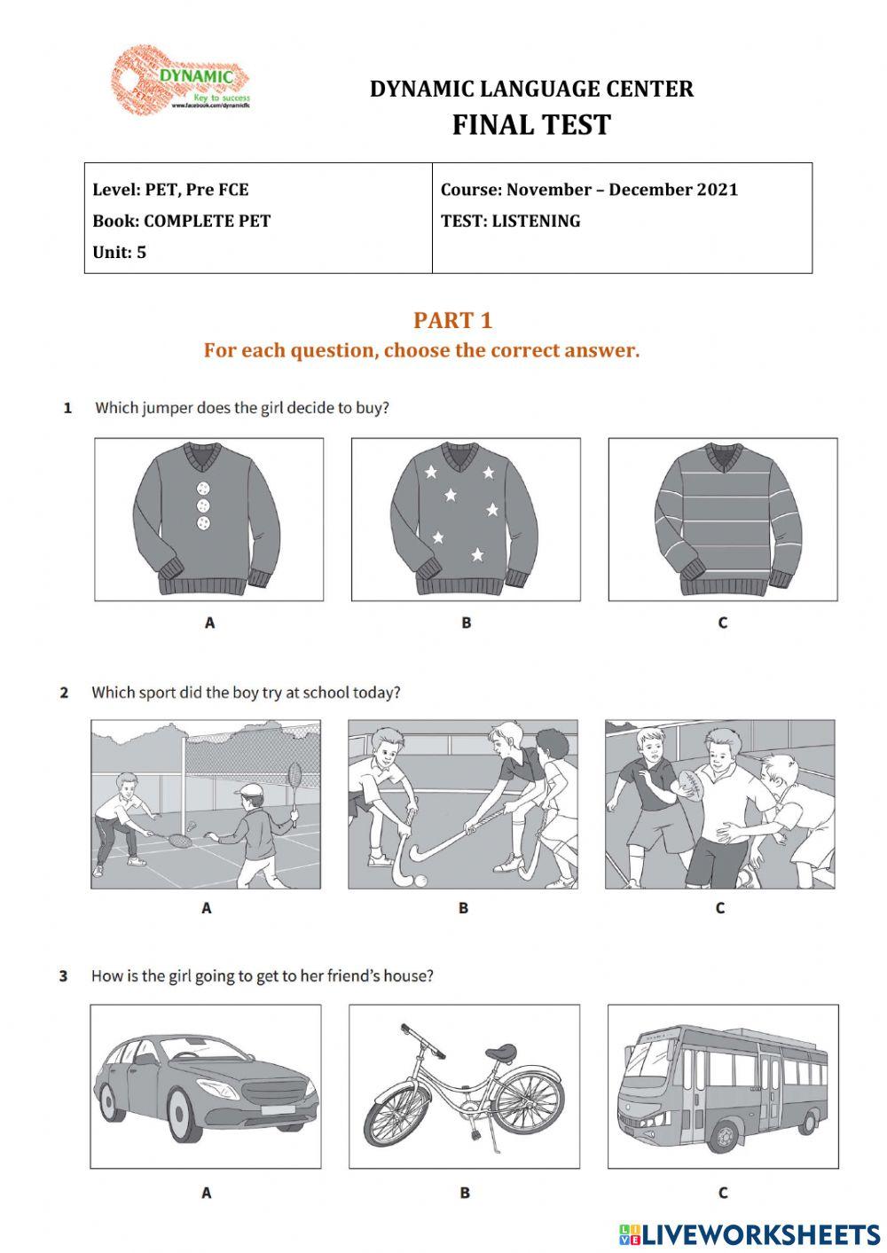 COMPLETE PET Unit 5 test