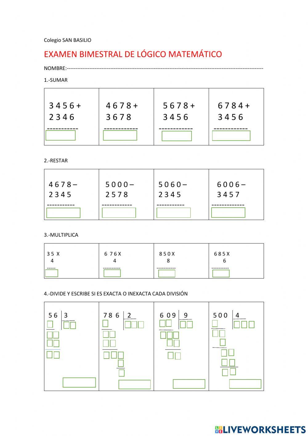 Matemática operaciones  diversas