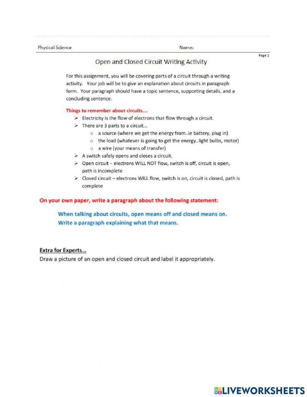 Open and Closed Circuit Writing Activity