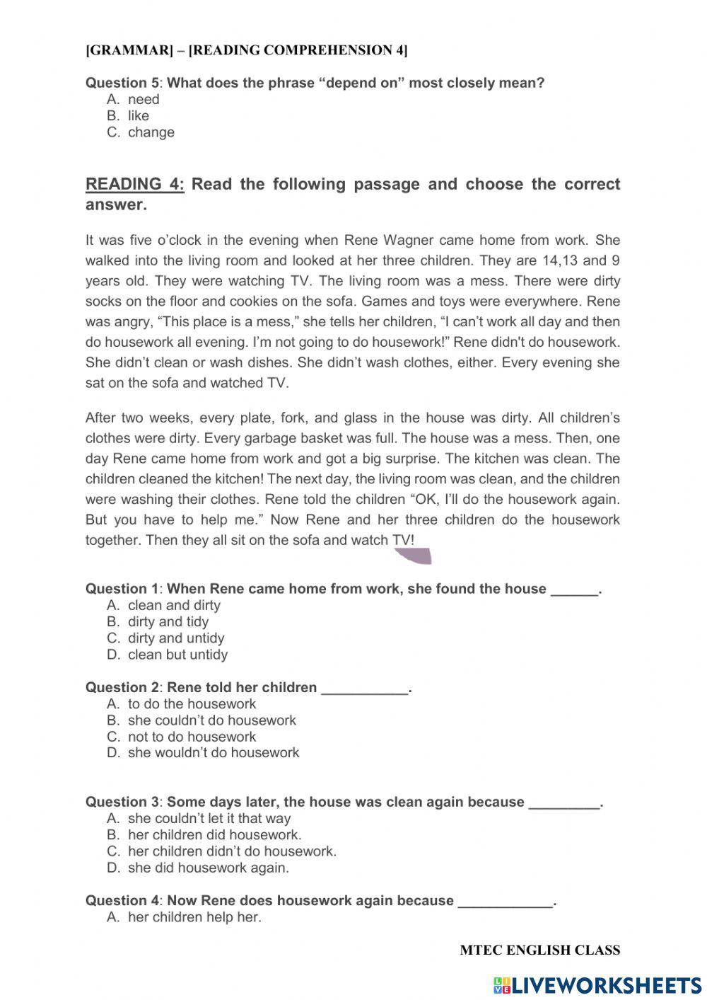 Grammar - reading comprehension 4