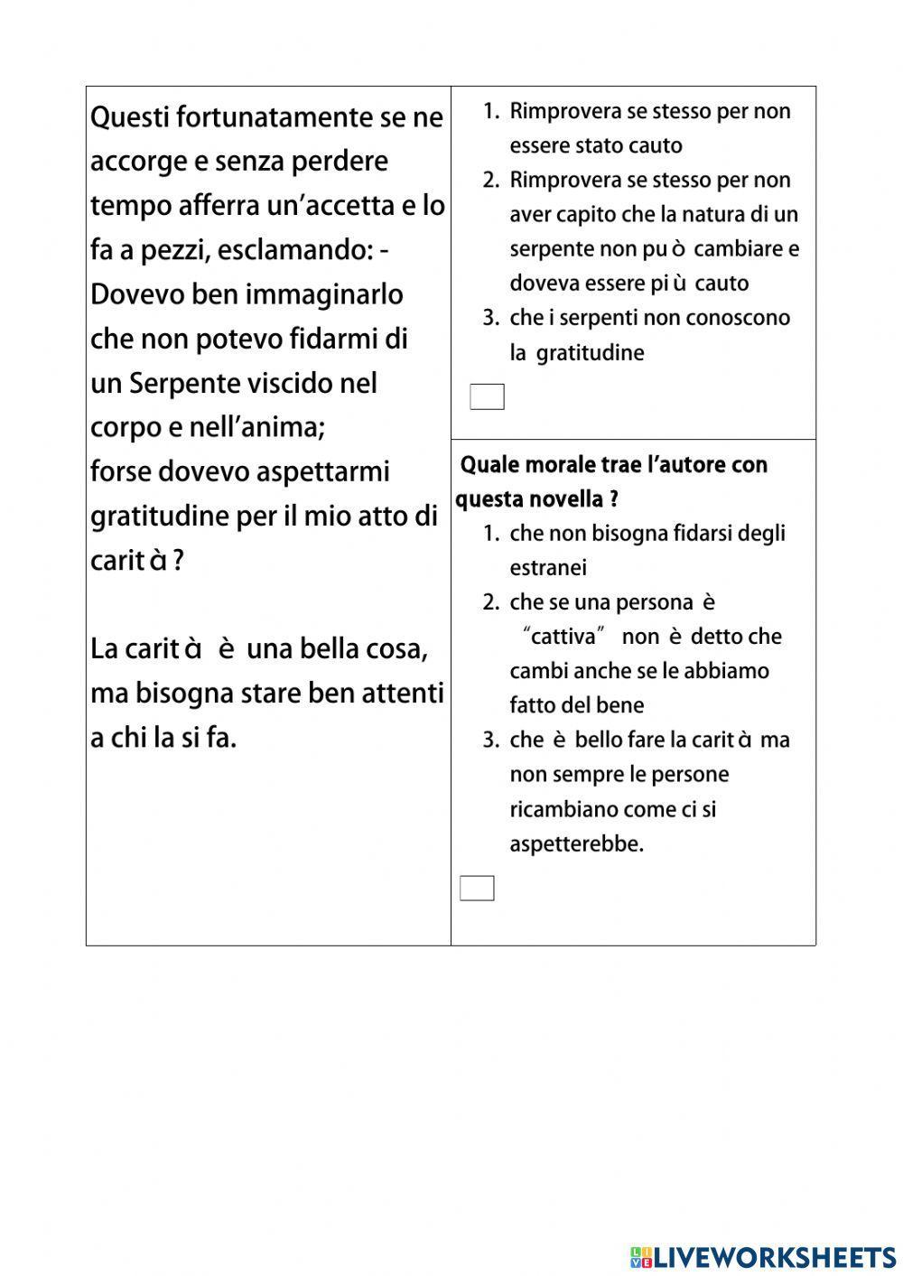 Comprensione del Testo n. 3 - Il Contadino e il Serpente -