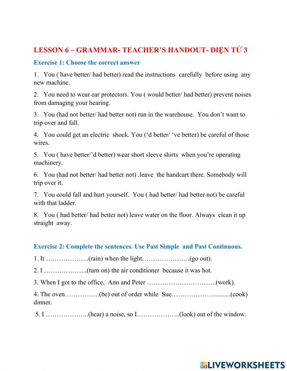Lesson 6- grammar- teacher's handout- Điện tử 3