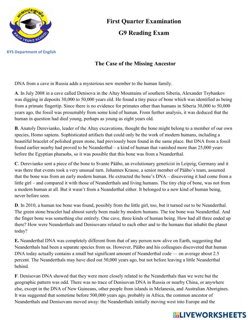 Grade 9 Reading Exam