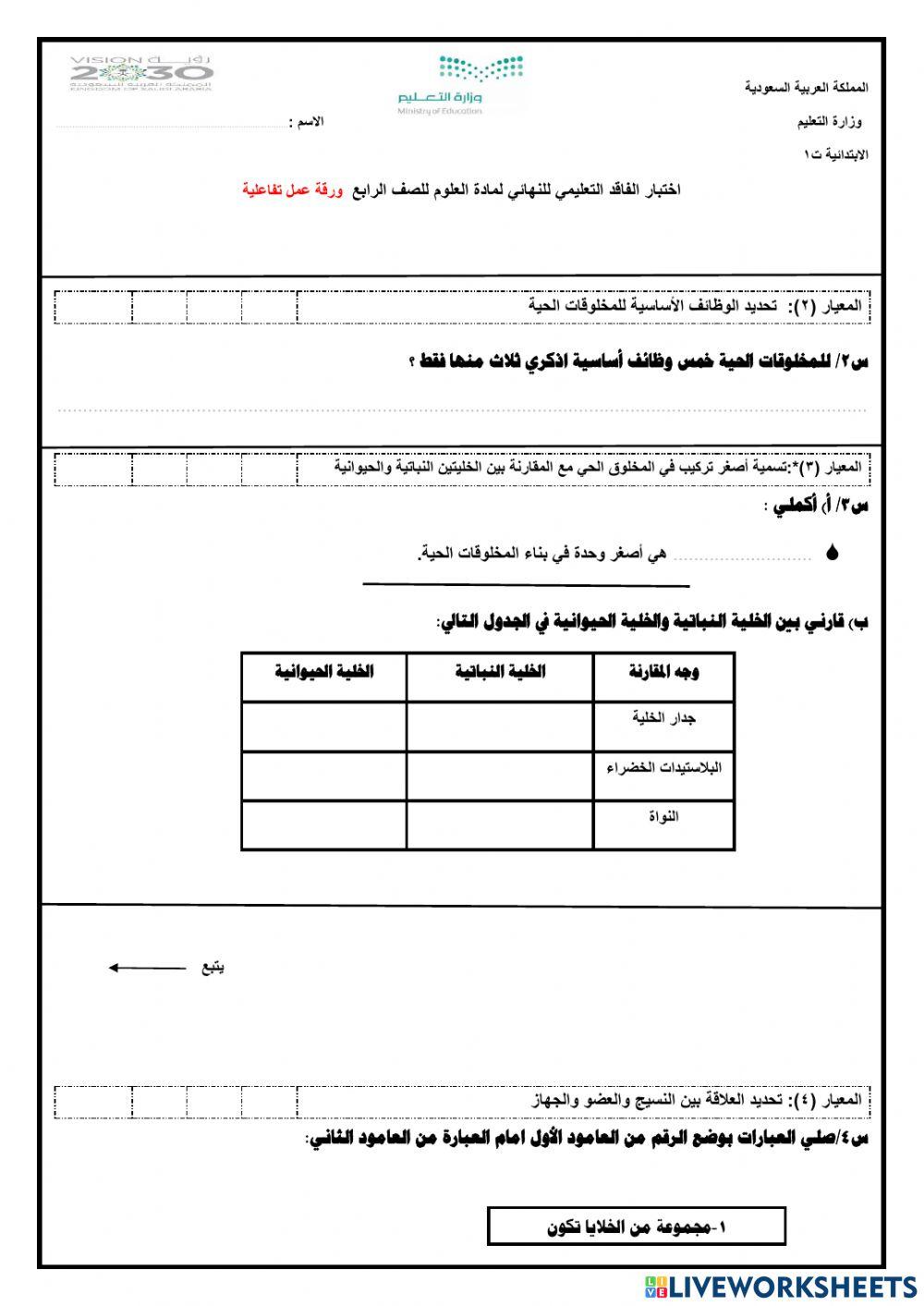رابع الفاقد علوم نهائي