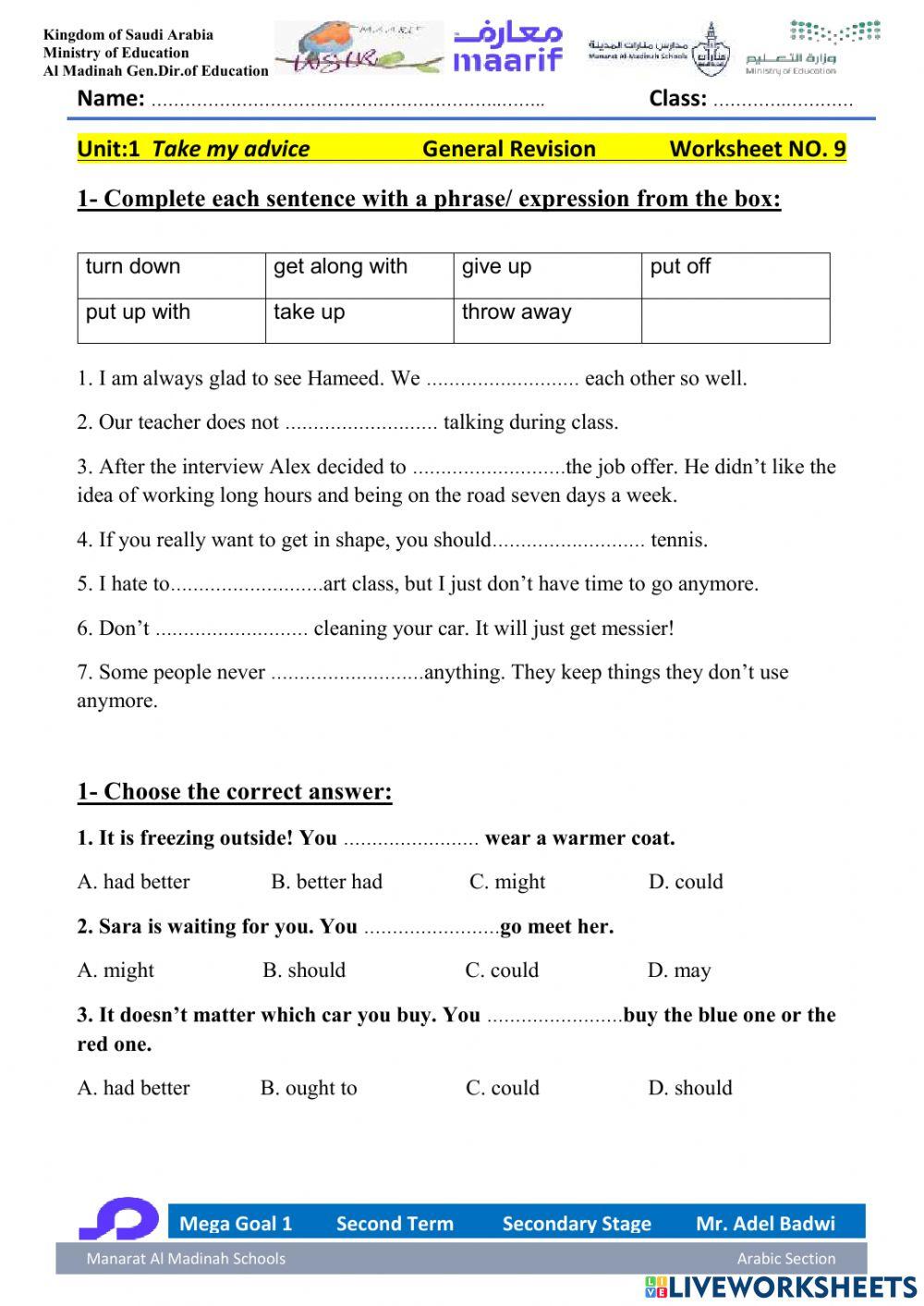 Mega Goal 1 Second Term Unit 2 Take My advice Revision