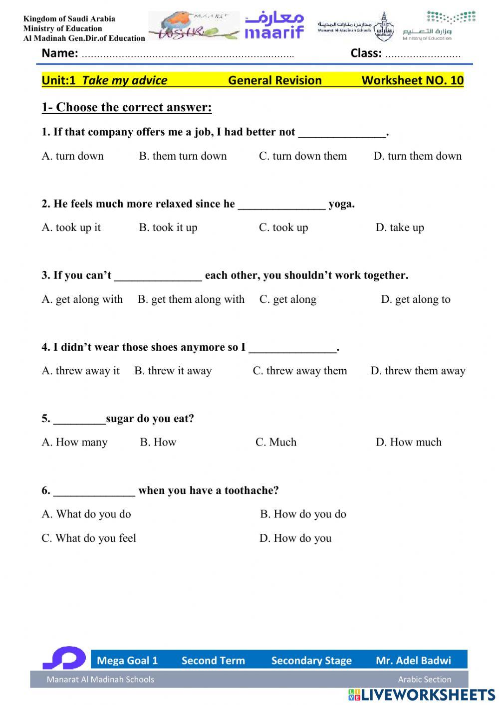 Mega Goal 1 Second Term Unit 2 Take My advice: Revision2