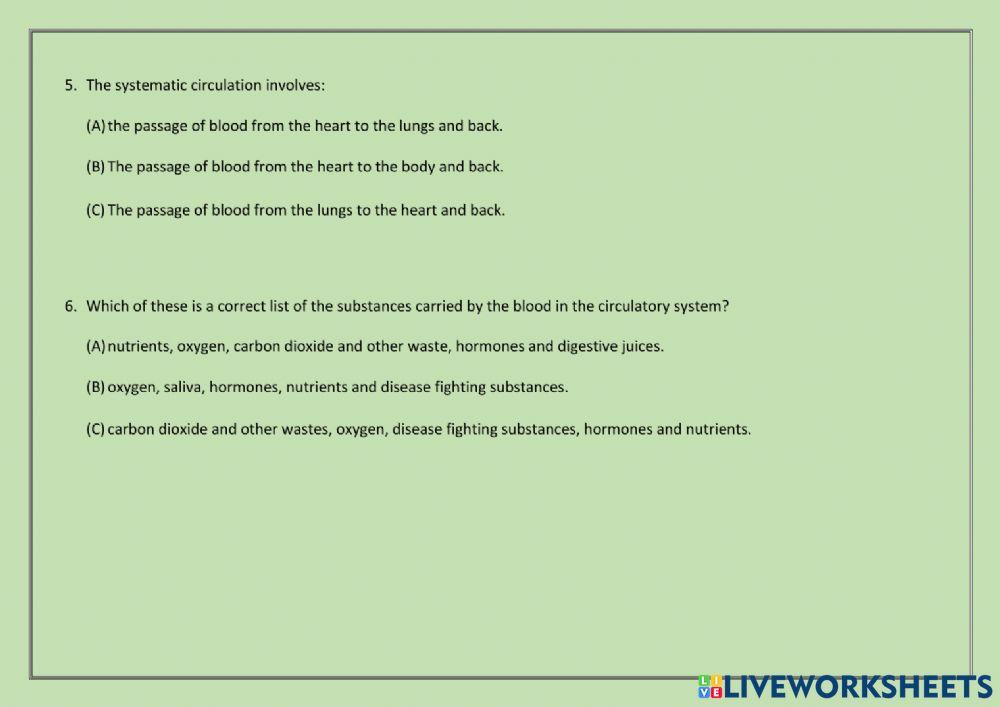 Circulatory System Worksheet