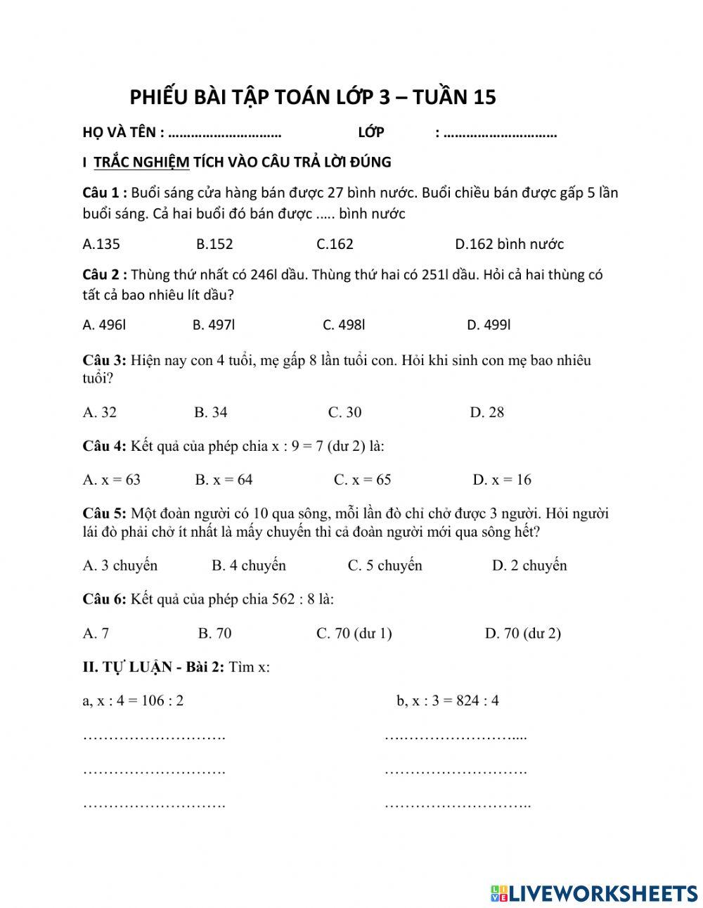 Ôn tập toán lớp 3 - tuần 15