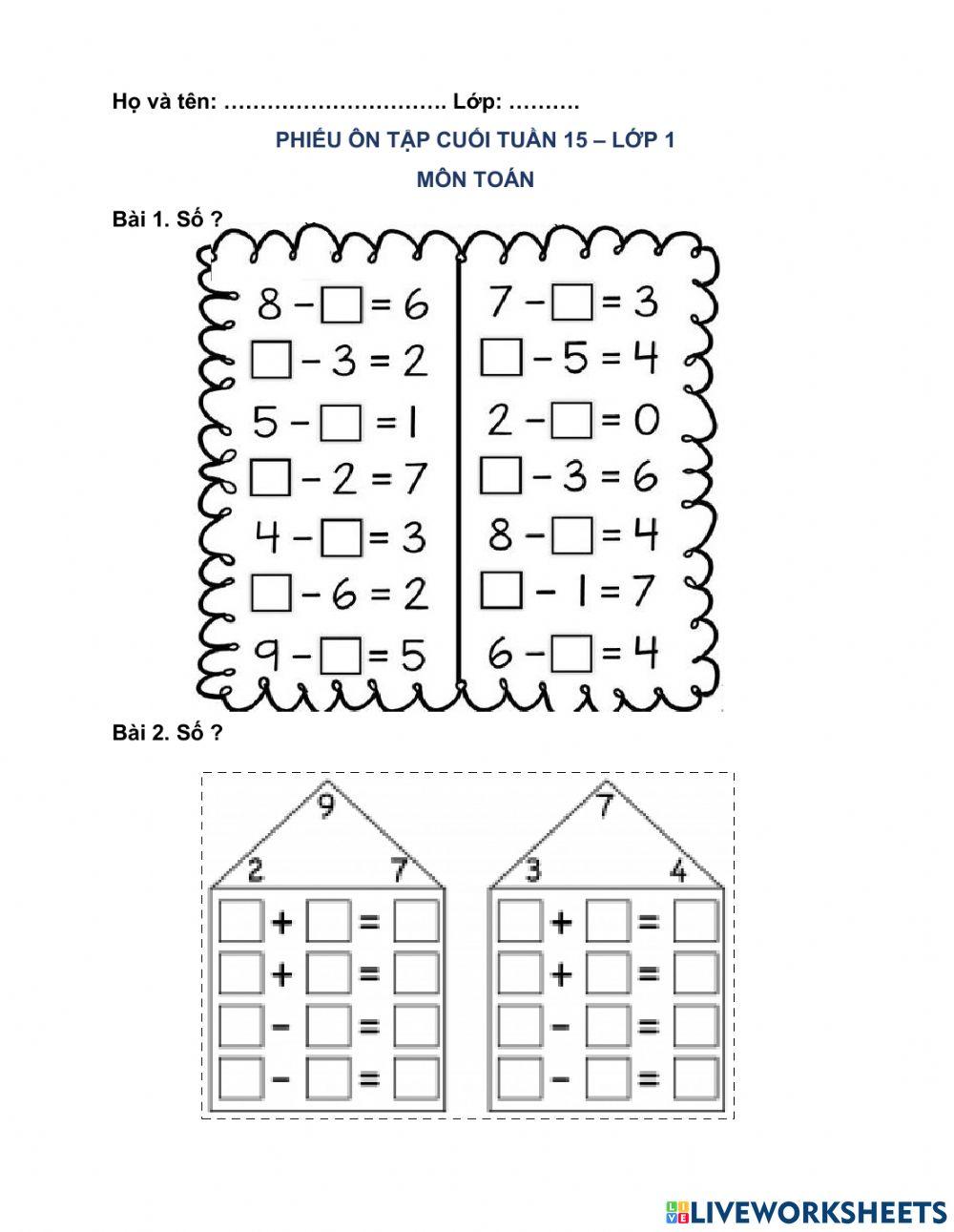 Phiếu ôn tập cuối tuần - Toán 1 - tuần 15