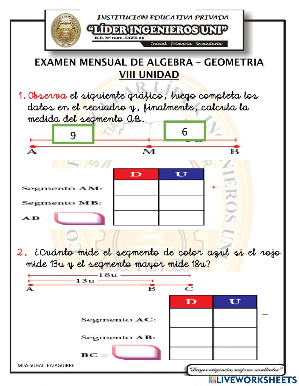 Examen mensual viii unidad algebra y geometria Examen mensual viii unidad algebra y geometria