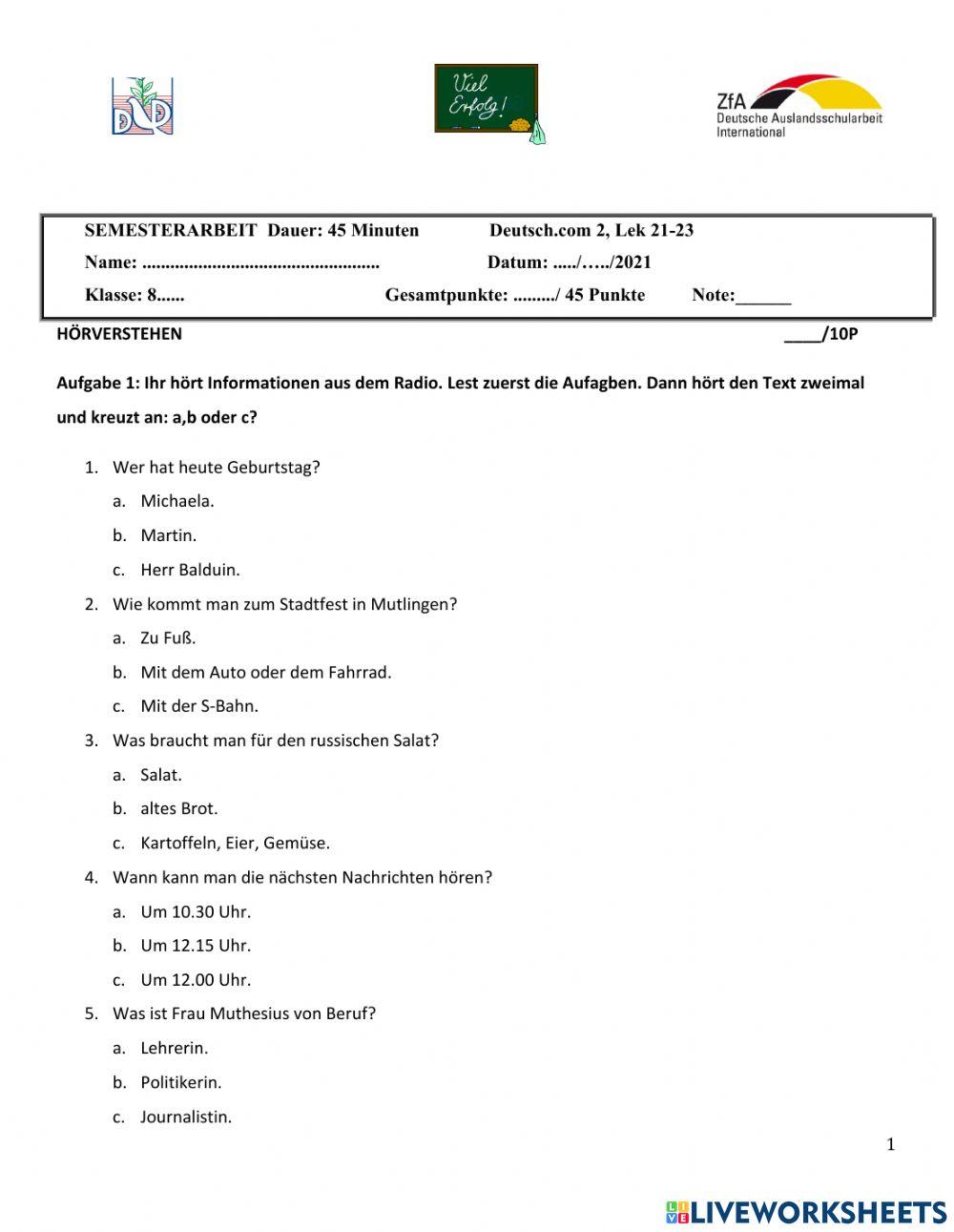 Semestertest Dong Da