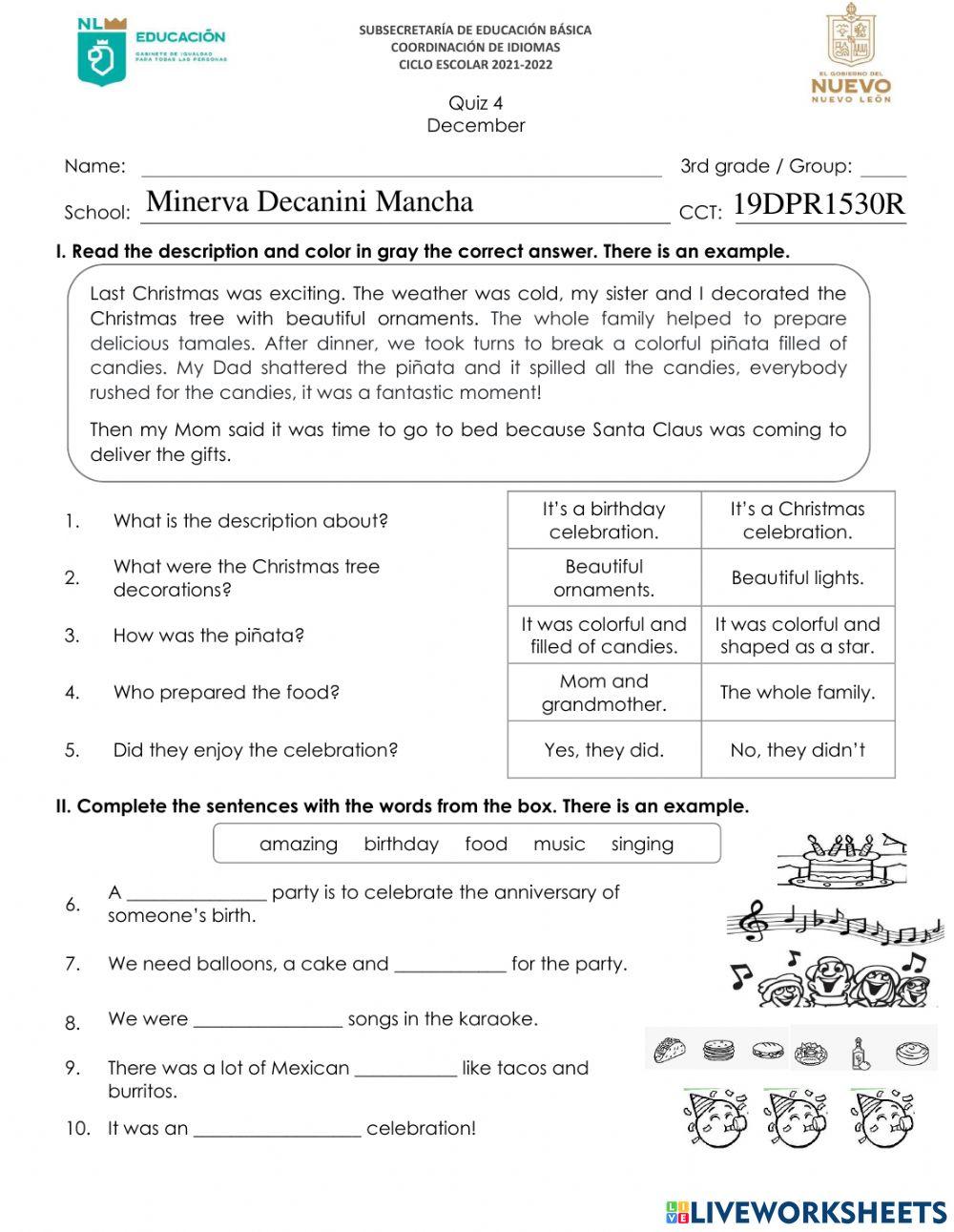 Cuestionario Mensual de Inglés - 3er. Grado - Diciembre