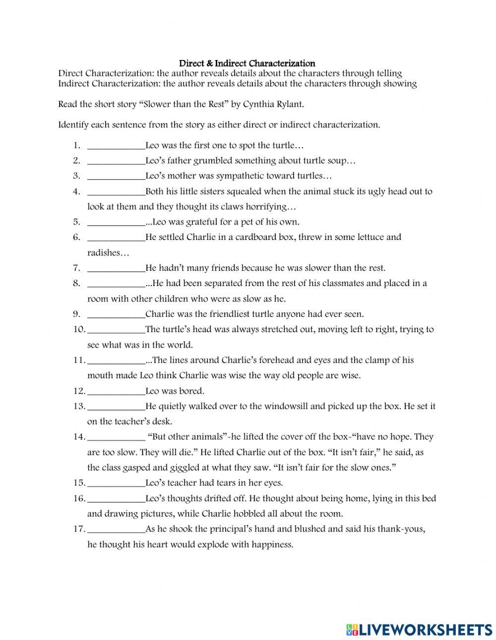 Direct And Indirect Characterization Online Exercise For Live Worksheets Direct And Indirect Characterization Online Exercise For Live Worksheets