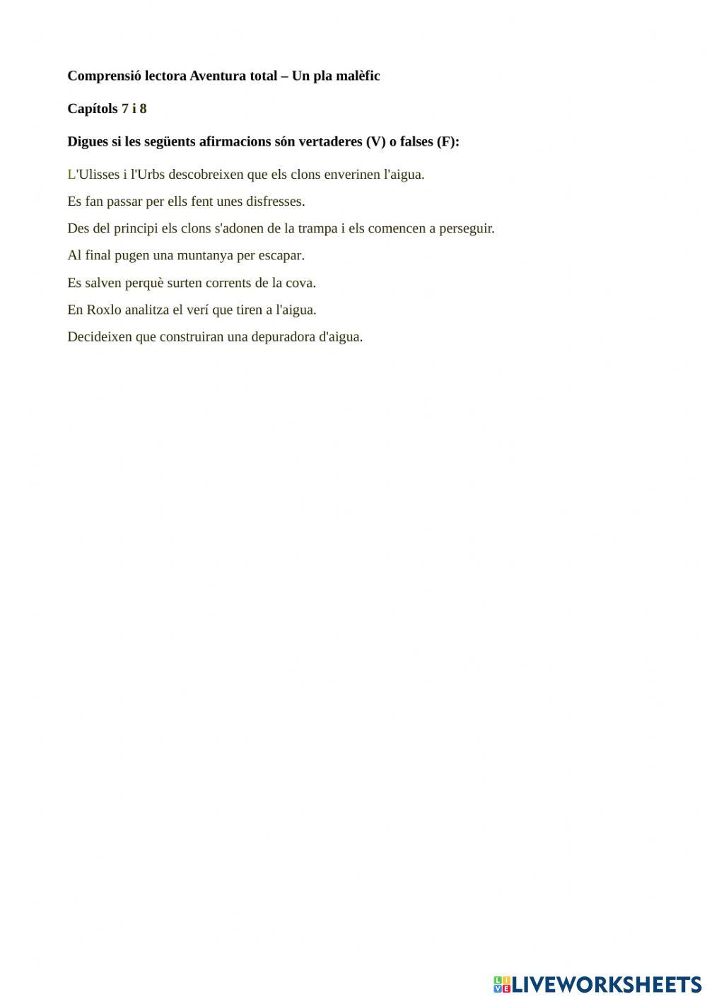 Comprensió lectora Aventura total - un pla malèfic Capítol 7 I 8