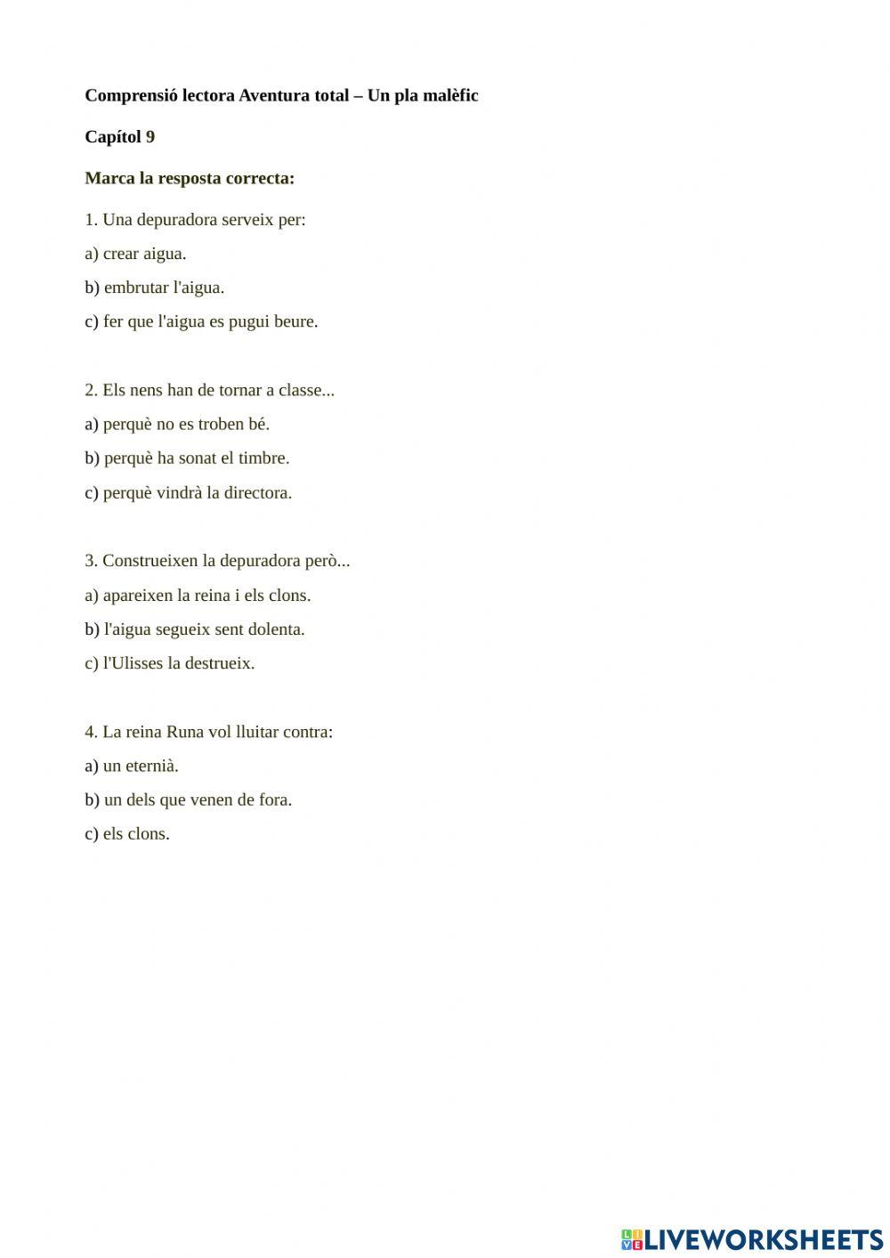 Comprensió lectora Aventura total - un pla malèfic Capítol 9