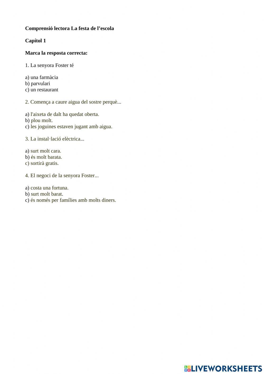 Comprensió lectora La festa a l'escola Capítol 1