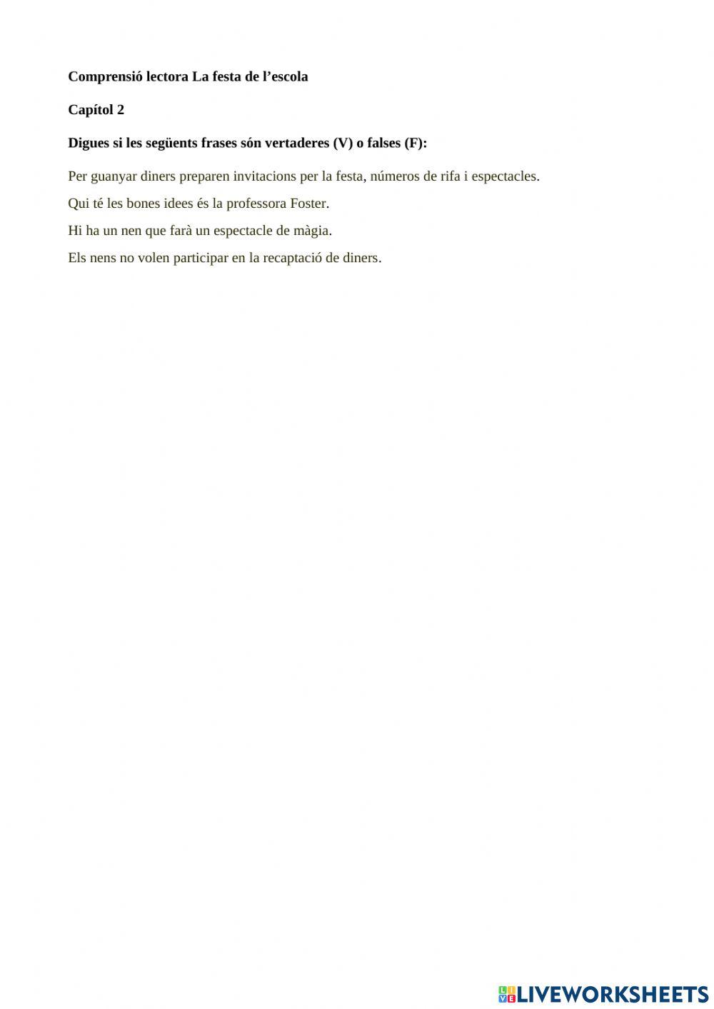 Comprensió lectora La festa a l'escola Capítol 2