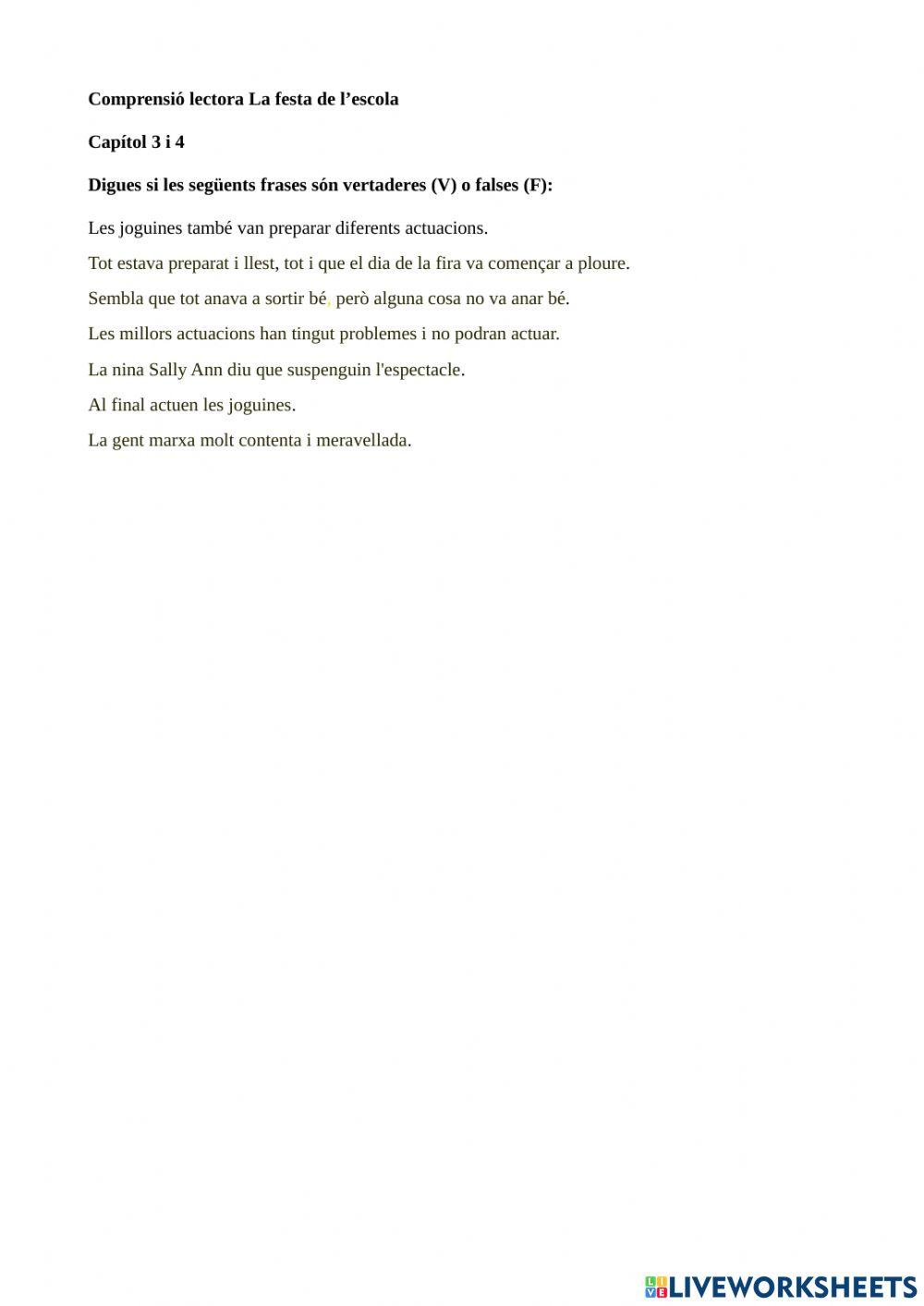 Comprensió lectora La festa a l'escola Capítols 3i4
