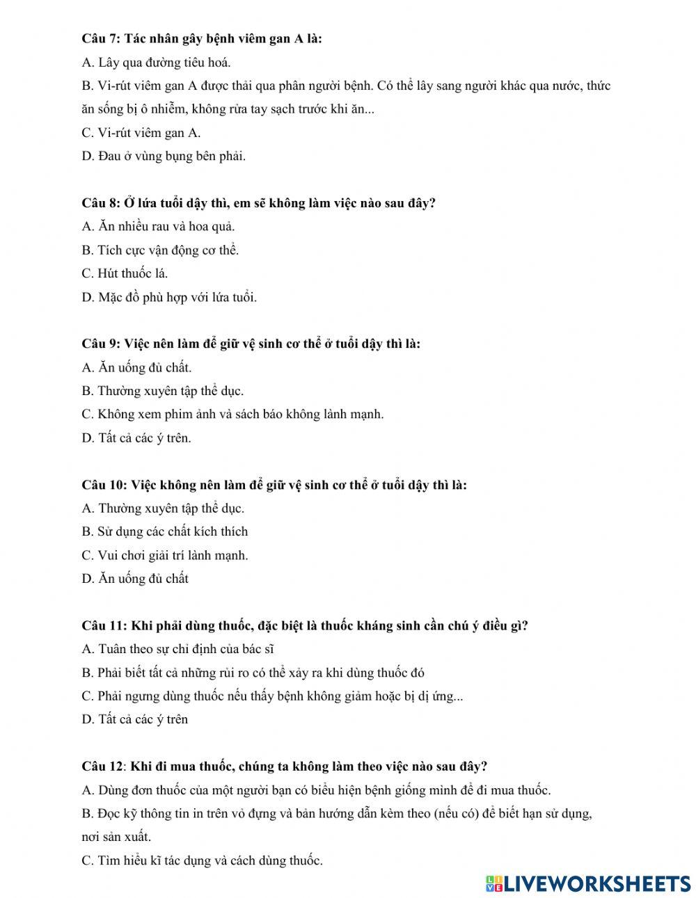 Đề ôn tập cuối học kì I môn Khoa học