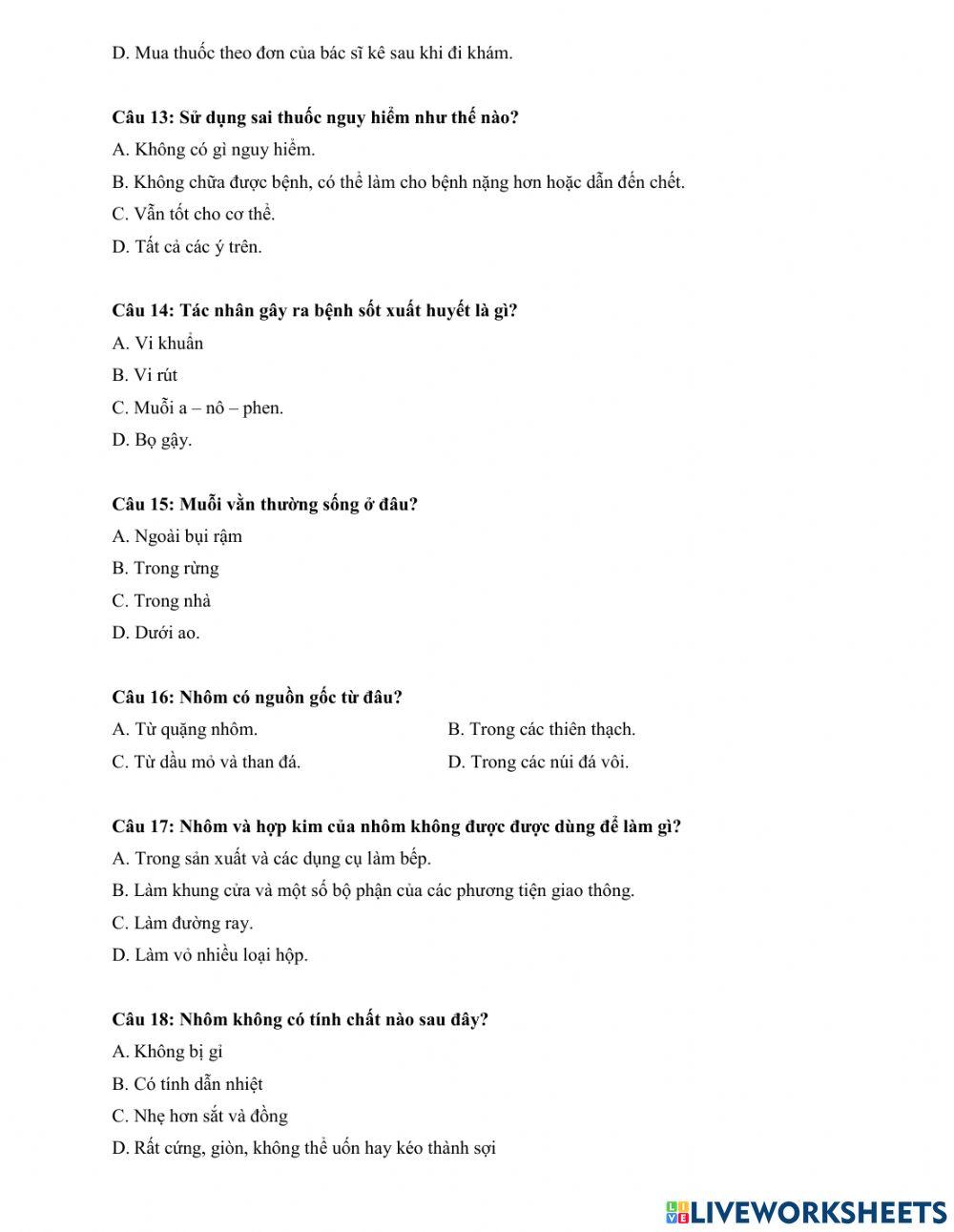 Đề ôn tập cuối học kì I môn Khoa học