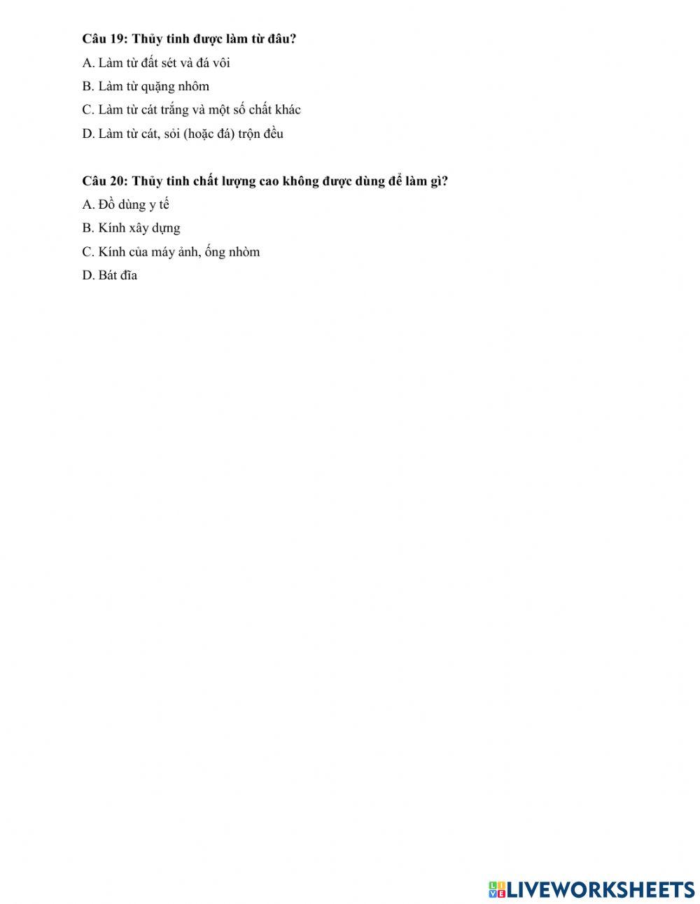 Đề ôn tập cuối học kì I môn Khoa học