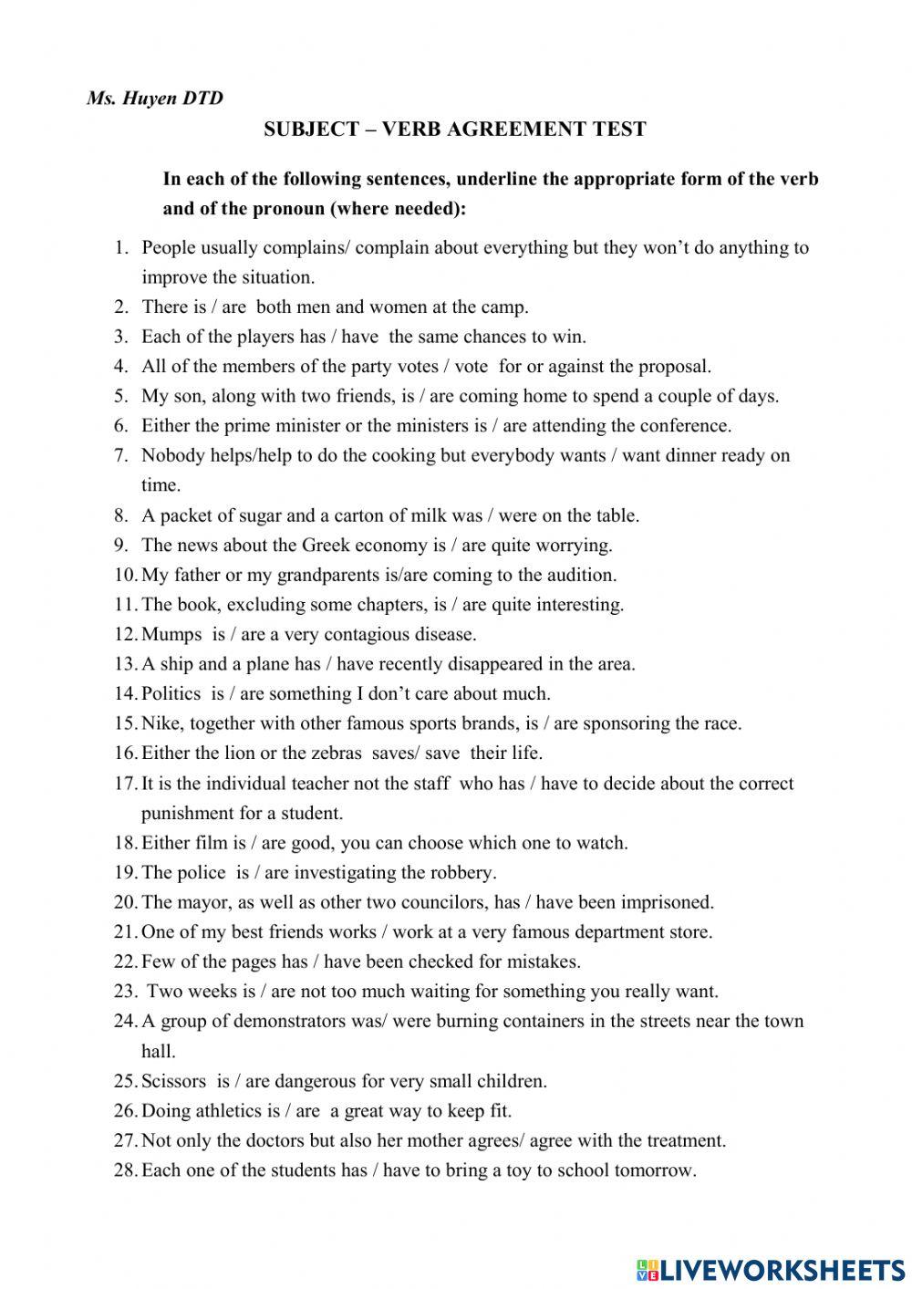 SUBJECT VERB AGREEMENT TEST online exercise for | Live Worksheets